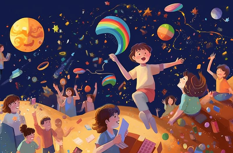 六一儿童节太空跳跃彩色画面狂欢庆祝派对孩子嬉戏书籍童真幻想插画,插画/手绘图,插画/手绘图库,插画/手绘图下载,插画/手绘